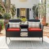 imageDevoko Outdoor Patio Loveseat Modern Rattan 2Seat Patio Conversation Set with Cushions ampamp Builtin Coffee Table Porch Furniture for Garden Lawn Backyard BeigeRed