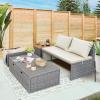 imageDevoko Patio Day Bed with 2 Side Tables Outdoor Daybed Set MultifunctionalRattan Lounge Bed for Backyard Porch Poolside Lawn Beach GrayBeige White