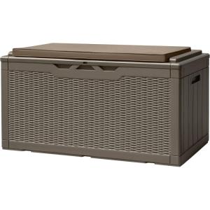 imageDevoko 120 Gallon Deck Box Resin Outdoor Storage Box Waterproof for Patio Large Outdoor Storage Bench Lockable for Outside BlackBrown