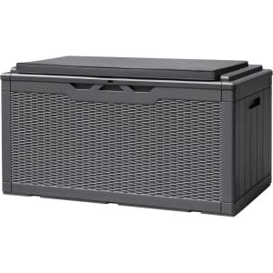 imageDevoko 120 Gallon Deck Box Resin Outdoor Storage Box Waterproof for Patio Large Outdoor Storage Bench Lockable for Outside BlackGray