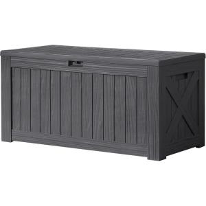 imageDevoko 120 Gallon Deck Box Resin Outdoor Storage Box Waterproof for Patio Large Outdoor Storage Bench Lockable for Outside BlackGrey