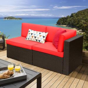 imageDevoko 2 Pieces Patio Furniture Sofa Sets Outdoor AllWeather Sectional Corner Sofa and Armless Sofa RedRed
