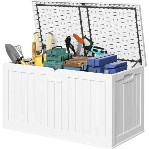 imageDevoko 30 Gallon Resin Deck Box Outdoor Indoor Waterproof Storage Box for Patio Furniture Pool Accessories Storage for Cushion Garden Tools 30 Gallon BrownWhite