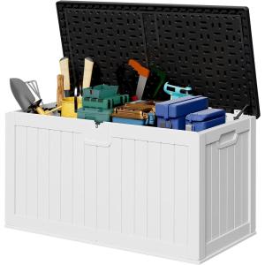 imageDevoko 30 Gallon Resin Deck Box Outdoor Indoor Waterproof Storage Box for Patio Furniture Pool Accessories Storage for Cushion Garden Tools 30 Gallon BrownWhite with Black Top