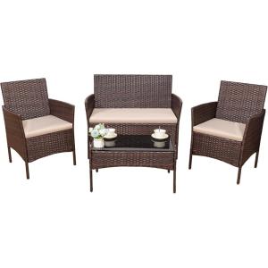 imageDevoko 4 Pieces Outdoor Patio Furniture Set PE Rattan Wicker Chairs Balcony Lawn Porch Patio Furniture Sets with Beige Cushion and Table Brown