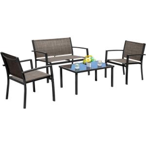imageDevoko 4 Pieces Patio Furniture Set Outdoor Garden Patio Conversation Sets Poolside Lawn Chairs with Glass Coffee Table Porch Furniture BlackBrown