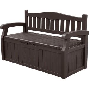 imageDevoko 80 Gallon Storage Bench Deck Box Lockable for Patio Furniture Garden Decor and Outdoor Seating for Cushions Garden Tools and Pool Supplies BlackDark Brown