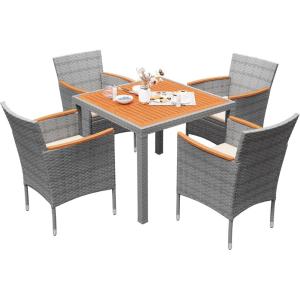 imageDevoko Outdoor Patio Dining Sets 9 Pieces Wicker Outdoor Dining Table and Chairs Set with Acacia Wood Table Top and Widened Armrests for Backyard Garden Deck BrownGrey