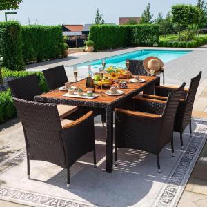 imageDevoko Outdoor Patio Dining Sets 9 Pieces Wicker Outdoor Dining Table and Chairs Set with Acacia Wood Table Top and Widened Armrests for Backyard Garden Deck BrownBlack