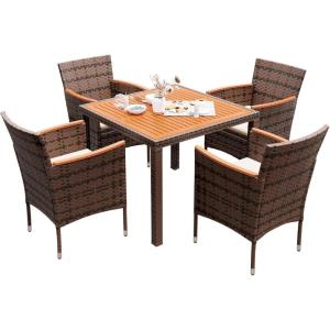 imageDevoko Outdoor Patio Dining Sets 9 Pieces Wicker Outdoor Dining Table and Chairs Set with Acacia Wood Table Top and Widened Armrests for Backyard Garden Deck BrownBrown