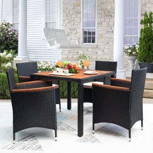 imageDevoko Outdoor Patio Dining Sets 9 Pieces Wicker Outdoor Dining Table and Chairs Set with Acacia Wood Table Top and Widened Armrests for Backyard Garden Deck BrownBeige