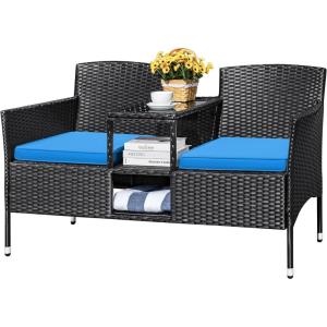 imageDevoko Outdoor Patio Loveseat Modern Rattan 2Seat Patio Conversation Set with Cushions ampamp Builtin Coffee Table Porch Furniture for Garden Lawn Backyard BeigeBlue