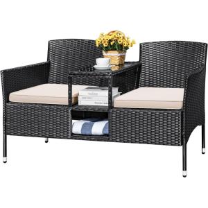 imageDevoko Outdoor Patio Loveseat Modern Rattan 2Seat Patio Conversation Set with Cushions ampamp Builtin Coffee Table Porch Furniture for Garden Lawn Backyard BeigeBeige