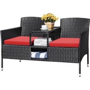 imageDevoko Outdoor Patio Loveseat Modern Rattan 2Seat Patio Conversation Set with Cushions ampamp Builtin Coffee Table Porch Furniture for Garden Lawn Backyard BeigeRed