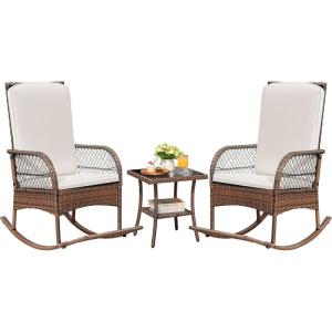 imageDevoko Outdoor Rocking Chairs 3 Piece Patio Furniture Set with Side Table ampamp Cushions Wicker Porch Rocker Bistro Set High Back for Balcony Backyard Garden Beige