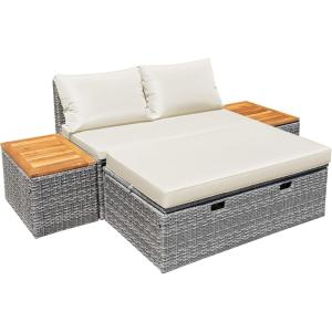 imageDevoko Patio Day Bed with 2 Side Tables Outdoor Daybed Set MultifunctionalRattan Lounge Bed for Backyard Porch Poolside Lawn Beach GrayBeige White