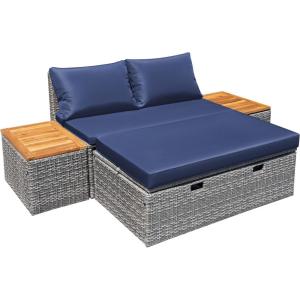 imageDevoko Patio Day Bed with 2 Side Tables Outdoor Daybed Set MultifunctionalRattan Lounge Bed for Backyard Porch Poolside Lawn Beach GrayNavy Blue