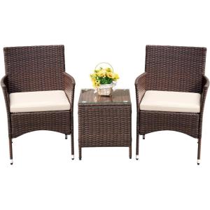 imageDevoko Patio Porch Furniture Sets 3 Pieces PE Rattan Wicker Chairs with Table Outdoor Garden Furniture Sets BrownRedBrownBeige