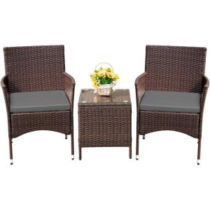 imageDevoko Patio Porch Furniture Sets 3 Pieces PE Rattan Wicker Chairs with Table Outdoor Garden Furniture Sets BrownRedBrownGrey