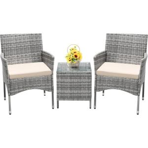 imageDevoko Patio Porch Furniture Sets 3 Pieces PE Rattan Wicker Chairs with Table Outdoor Garden Furniture Sets BrownRedGreyBeige