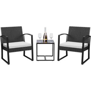 imageDevoko Resin Patio Furniture Set 3 Piece All Weather Outdoor Bistro Chairs with Cushions and Coffee Table for Outside Garden Balcony Porch BlackWhite