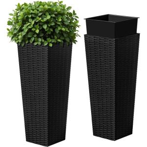 imageDevoko Resin Tall Planters for Outdoor Plants Set of 2 Large Taper Outdoor Planter Pots with 4 Drainage Holes Flower Pots Modern Decor for Porch Patio Backyard Home Garden Black 32quotBlack