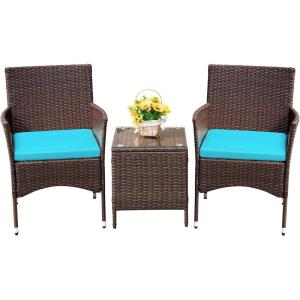 imageDevoko Patio Porch Furniture Sets 3 Pieces PE Rattan Wicker Chairs with Table Outdoor Garden Furniture Sets BrownBlueBrownBlue