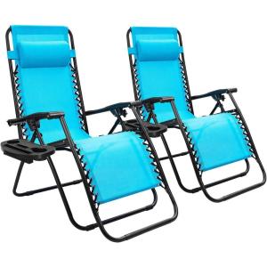 imageDevoko Set of 2 Zero Gravity Lounge Chairs Outdoor Folding Adjustable Steel Mesh Recliner Chairs with Cup Holder ampamp Removable Pillow for Patio Garden Lawn Beach BeigeBlue