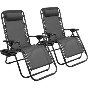 imageDevoko Set of 2 Zero Gravity Lounge Chairs Outdoor Folding Adjustable Steel Mesh Recliner Chairs with Cup Holder ampamp Removable Pillow for Patio Garden Lawn Beach BeigeBlack