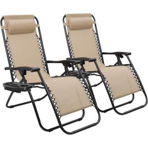 imageDevoko Set of 2 Zero Gravity Lounge Chairs Outdoor Folding Adjustable Steel Mesh Recliner Chairs with Cup Holder ampamp Removable Pillow for Patio Garden Lawn Beach BeigeBeige