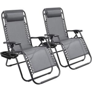 imageDevoko Set of 2 Zero Gravity Lounge Chairs Outdoor Folding Adjustable Steel Mesh Recliner Chairs with Cup Holder ampamp Removable Pillow for Patio Garden Lawn Beach BeigeGrey