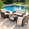 imageDevoko 4Piece Patio Furniture Set AllWeather PE Rattan Outdoor Conversation Set with Thick Cushions amp Glass Coffee Table Brown Wicker Patio Sofa Set for Backyard Porch Garden