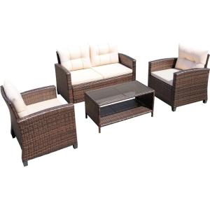 imageDevoko 4Piece Patio Furniture Set AllWeather PE Rattan Outdoor Conversation Set with Thick Cushions amp Glass Coffee Table Brown Wicker Patio Sofa Set for Backyard Porch Garden