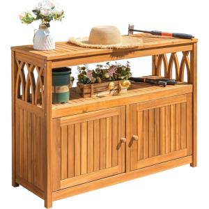 imageDevoko Outdoor Storage Cabinet Weatherproof Cabinet Acacia Wood with 2 Magnetic Doors and Shelve Outdoor Buffet TV Stand Potting Table BrownBrown