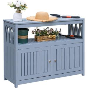 imageDevoko Outdoor Storage Cabinet Weatherproof Cabinet Acacia Wood with 2 Magnetic Doors and Shelve Outdoor Buffet TV Stand Potting Table BrownGrey